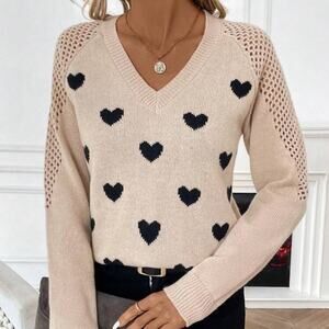 Cozy Beige Black Heart V Neck Sweater